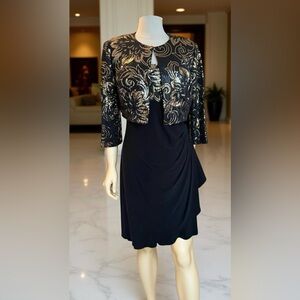 Alex Evenings Black with Gold Sequined Cocktail Party Dress with Jacket size 14